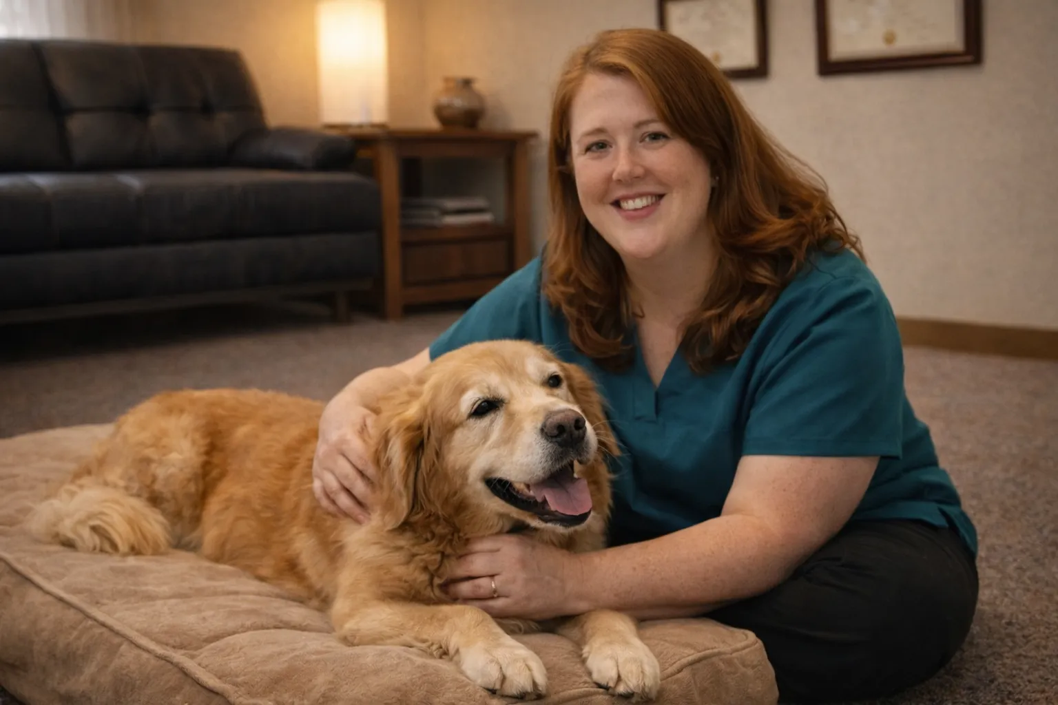 Dr. Dawn Gleason providing compassionate veterinary care to a relaxed dog in a cozy clinic setting